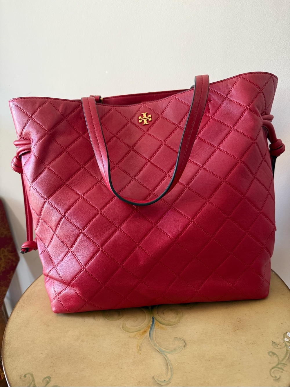 Tory Burch Quilted Red Leather Tote with Gold Logo